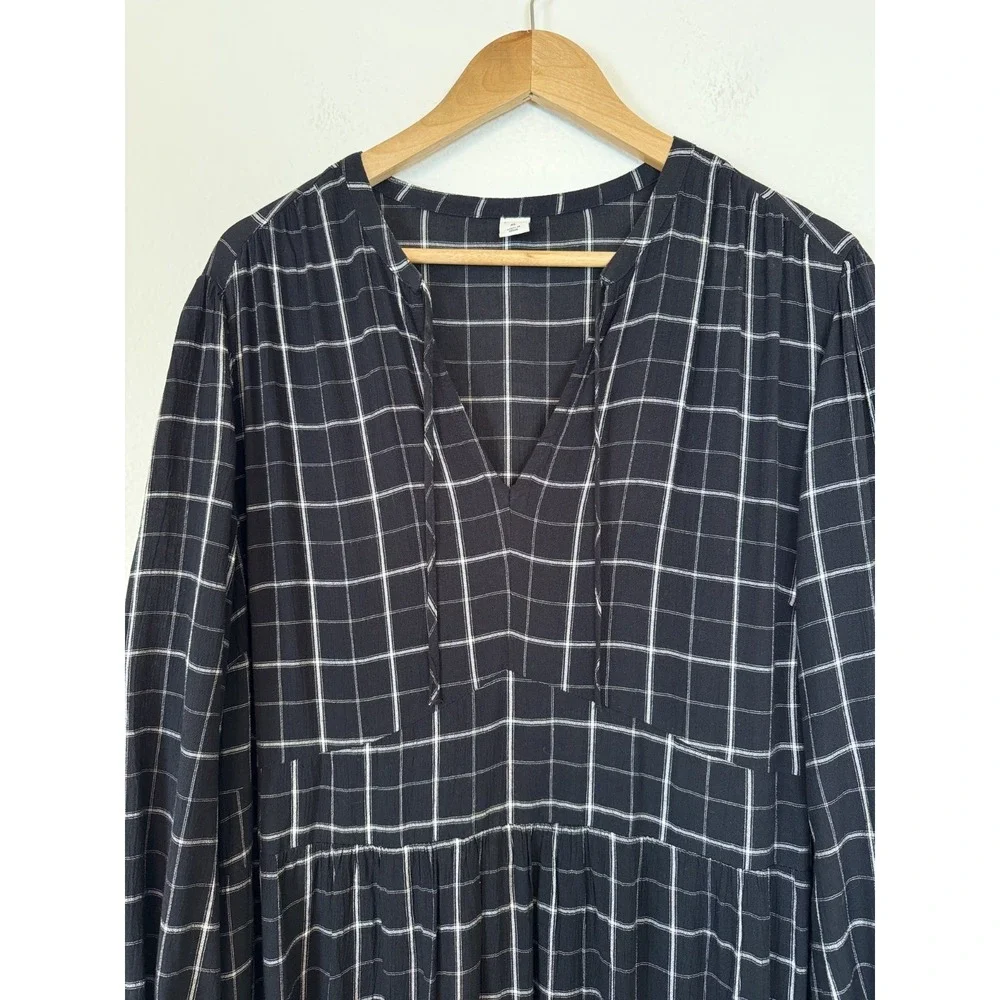 Old Navy Black Windowpane Plaid Midi Dress XL Tiered Empire Waist Prairie